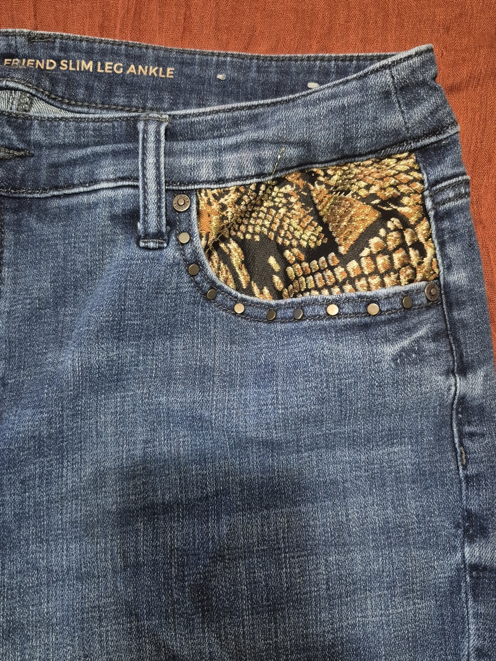 Chico's Blue Cropped Jeans with Leopard & Braided Fringe Hem - Picture 3 of 6